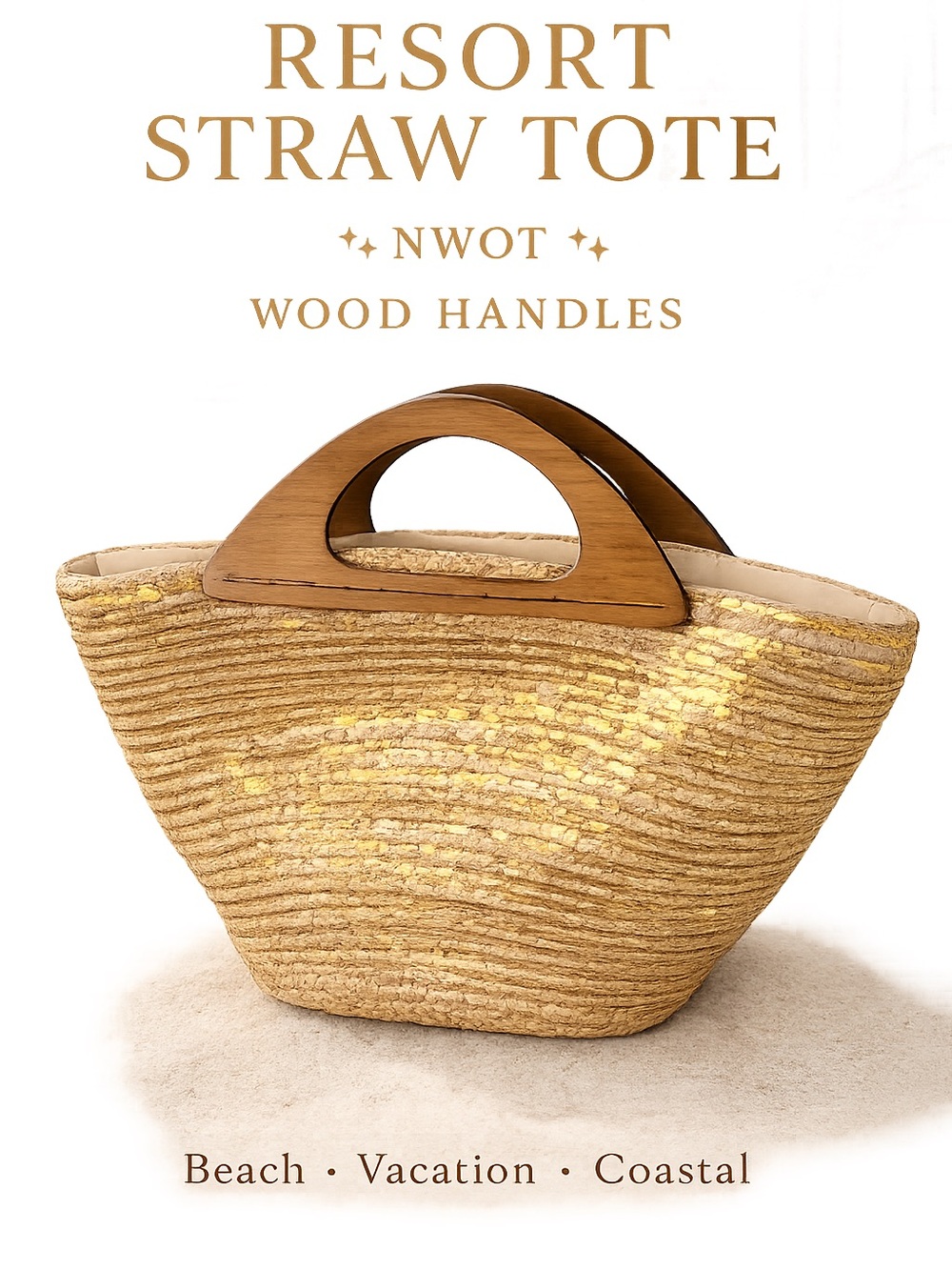 Resort Straw Tote with Wood Handles - Natural Gold Accent